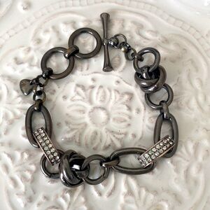 Fossil Gunmetal Silver Chain Link Bracelet with Rhinestones